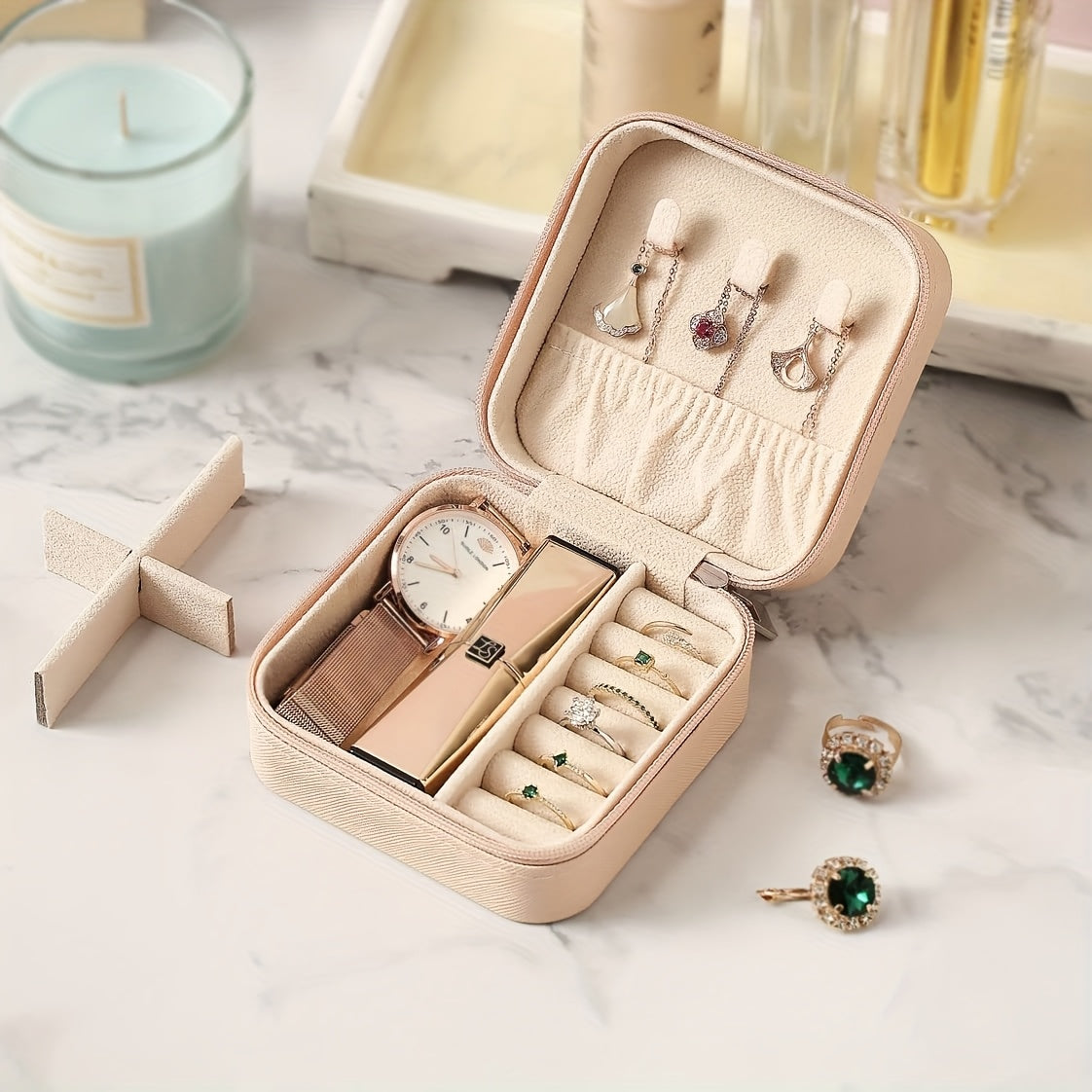 3 Fresh Colors 15pcs PU leather high-quality mini portable jewelry travel box, small jewelry storage box, large capacity suitable for rings, earrings, pendants, watches, necklaces, lipstick storage boxes, Jewelry Boxes