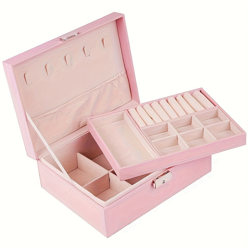 Luxury Square Jewelry Box, Two/Three-Layer Locking Structure for Security, Soft Lined to Protect Jewelry, Multi-Compartment Design for Necklaces and Bracelets, Showcasing a Lady'S Elegance