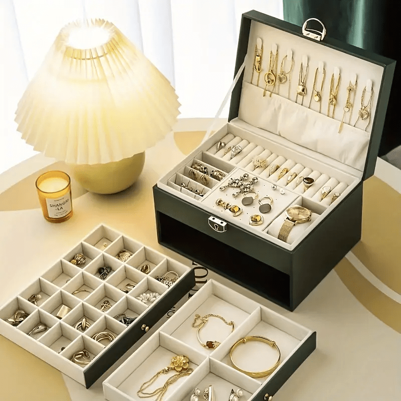Luxury Square Jewelry Box, Two/Three-Layer Locking Structure for Security, Soft Lined to Protect Jewelry, Multi-Compartment Design for Necklaces and Bracelets, Showcasing a Lady'S Elegance