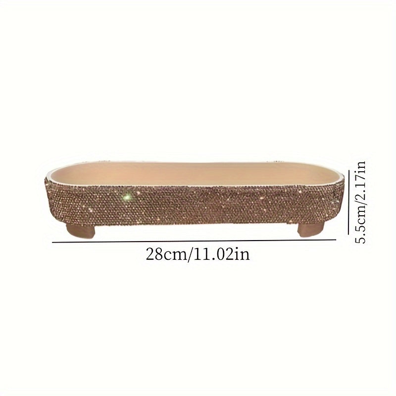 [Glam Jeweled Tray] Glam Style Jeweled Oval Tray | Tabletop Plastic Jewelry Box with Glittering Rhinestones, Fabric-Lined, Multipurpose Storage for Perfumes, Skincare, Accessories - No Electricity Needed, Jewelry Boxes