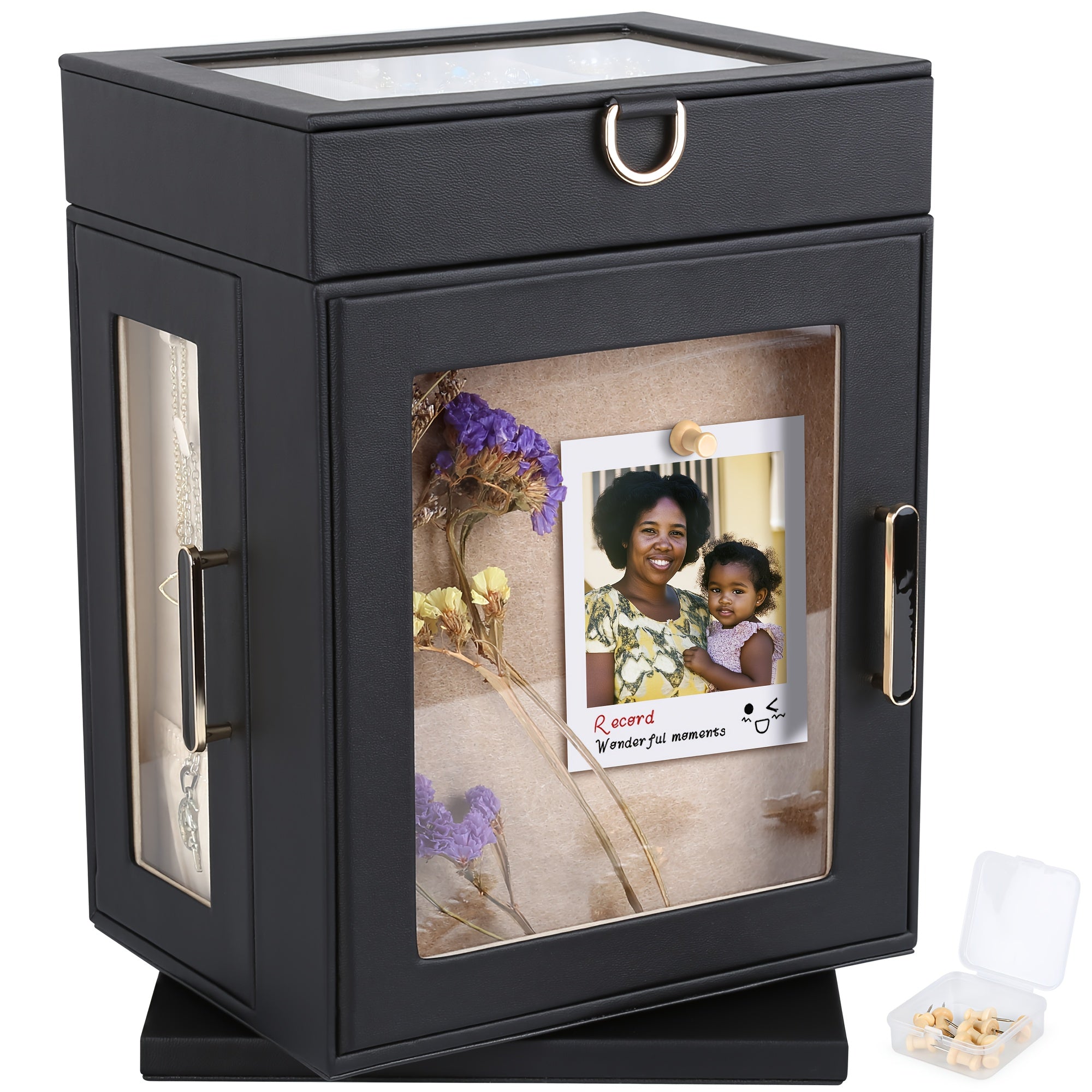 360° Rotating Jewelry Organizer Box - Black Synthetic Leather with Pinboard, Detachable Tray & Drawers | Push Pins for Display, Compact Storage for Necklaces, Bracelets, Collectibles | Gift for Weddings, DIY Crafts, Collectors, Jewelry Organizer Storage,