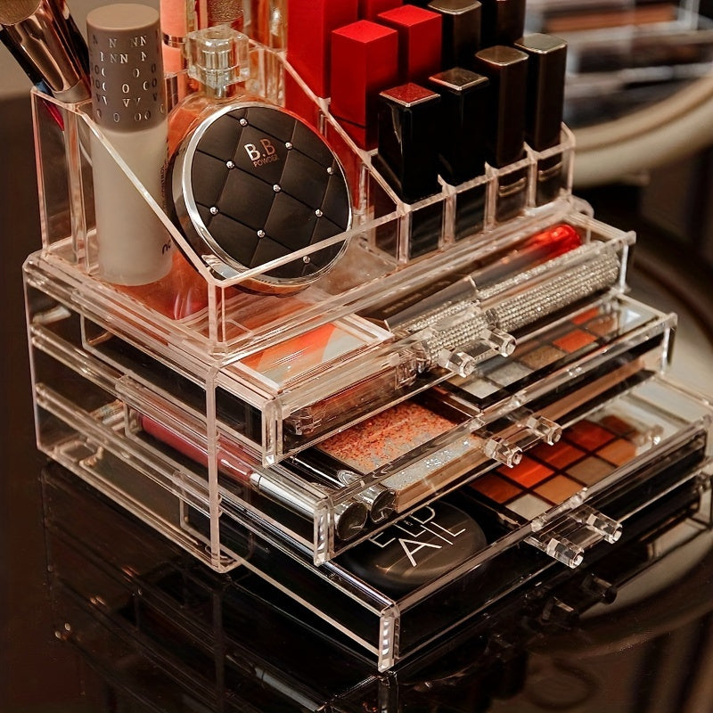 2pcs/set Acrylic Jewelry and Cosmetic Storage Boxes - Contemporary Style, Multipurpose Rectangle Organizer with Drawers, Stackable Transparent Dressing Table Accessory, No Electricity Needed - For Women & Girls - Organize Jewelry & Cosmetics - Perfect