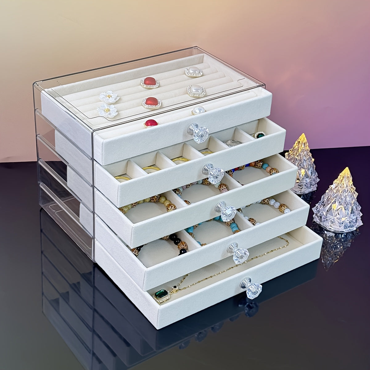 5-Tier Jewelry Organizer Box with Transparent Lids & Soft Fabric-Lined Compartments - Beige Contemporary Desktop Storage for Rings, Bracelets, Necklaces - Durable Plastic Multi-Use Display Case, Jewelry Organizer Storage, Polished Finish, Clear Lid