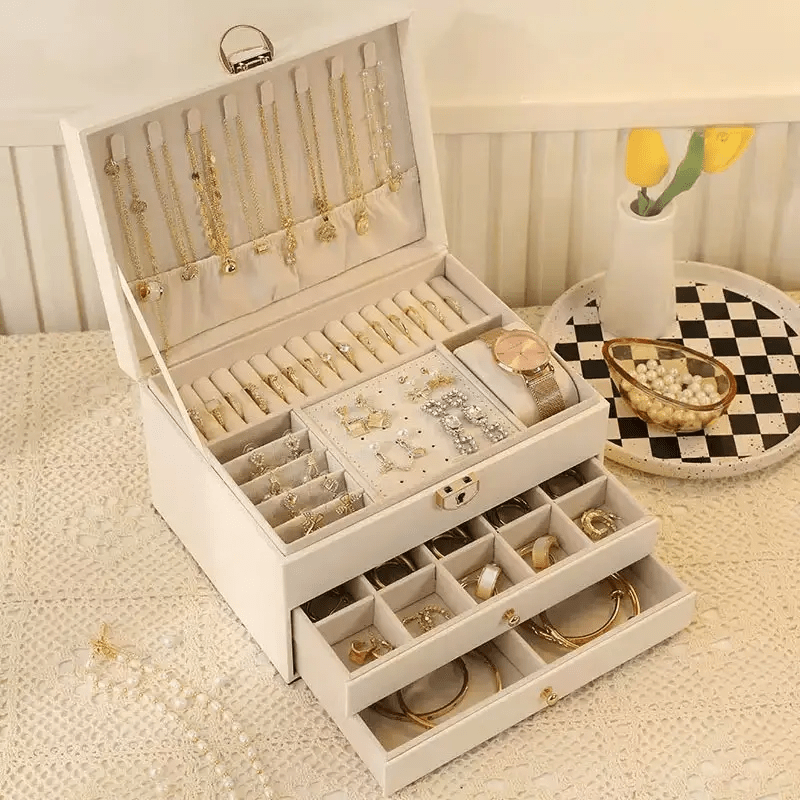 Luxury Square Jewelry Box, Two/Three-Layer Locking Structure for Security, Soft Lined to Protect Jewelry, Multi-Compartment Design for Necklaces and Bracelets, Showcasing a Lady'S Elegance