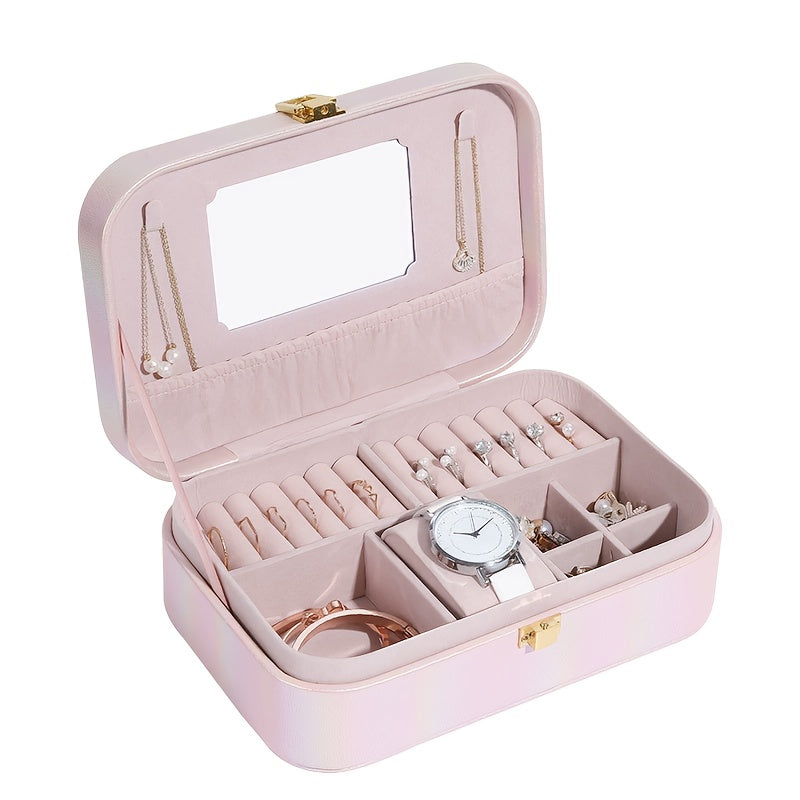 1pc Holographic Portable Jewelry Organizer Box with Mirror, Multiple Compartments & Soft Faux Leather Lining - Faux Leather Iridescent Finish, Secure Snap Closure for Earrings, Necklaces, Rings, Watches - Travel-Friendly Storage Case, Accessory