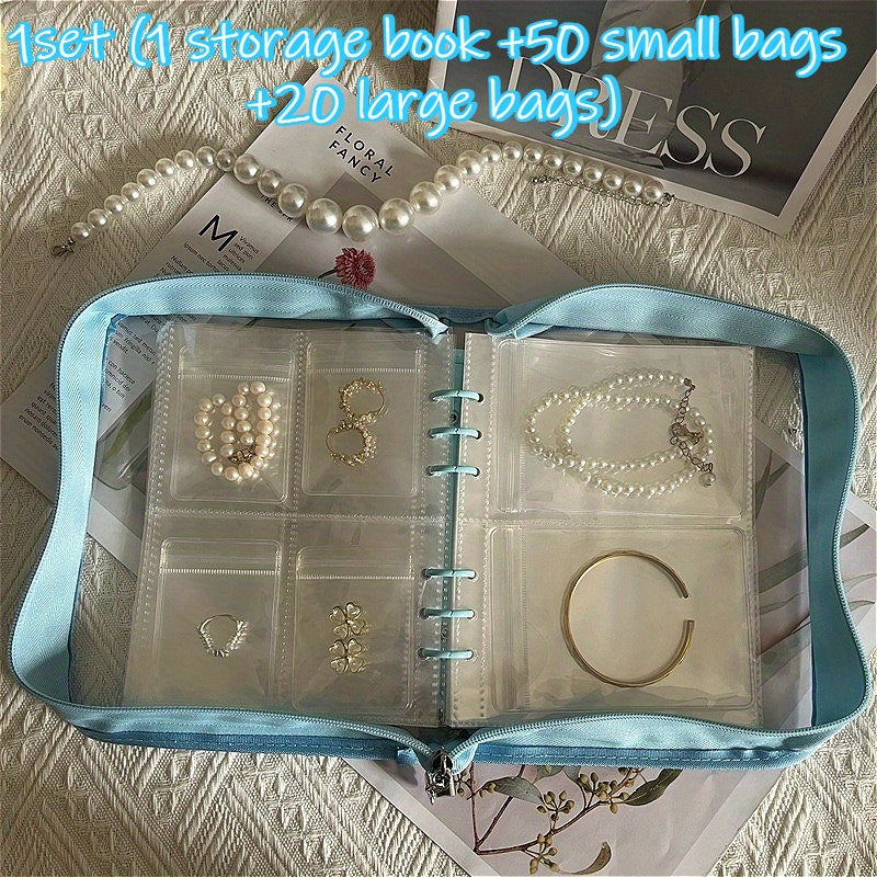 1Set High Capacity Travel Jewelry Storage Box - Contains One Storage Book, Fifty Small Bags And Twenty Large Bags. A Variety of Colors to Choose From, Transparent Multi-Grid Storage, Suitable for Earrings, Necklaces, Rings - Portable Storage Bag,