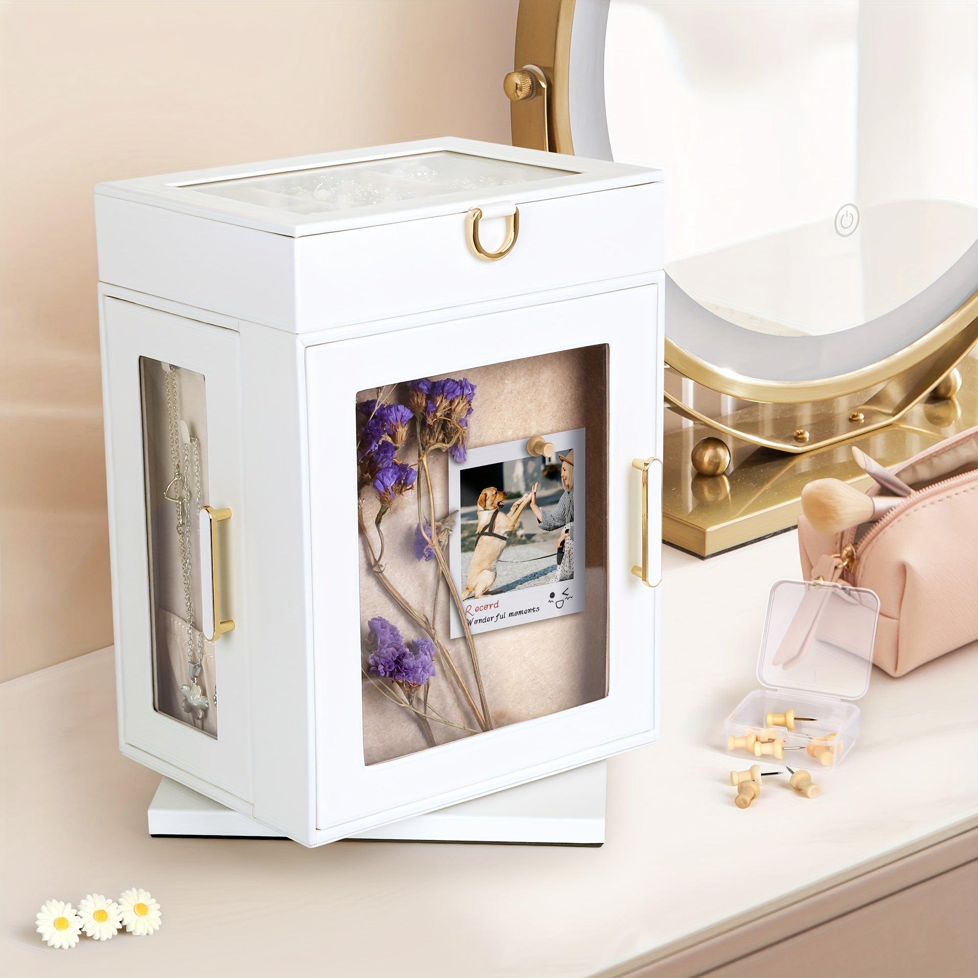 360° Rotating Jewelry Organizer Box - Black Synthetic Leather with Pinboard, Detachable Tray & Drawers | Push Pins for Display, Compact Storage for Necklaces, Bracelets, Collectibles | Gift for Weddings, DIY Crafts, Collectors, Jewelry Organizer Storage,