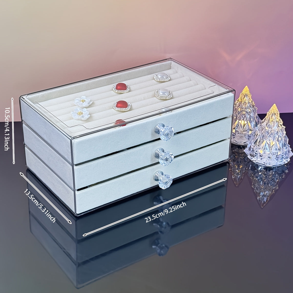 5-Tier Jewelry Organizer Box with Transparent Lids & Soft Fabric-Lined Compartments - Beige Contemporary Desktop Storage for Rings, Bracelets, Necklaces - Durable Plastic Multi-Use Display Case, Jewelry Organizer Storage, Polished Finish, Clear Lid
