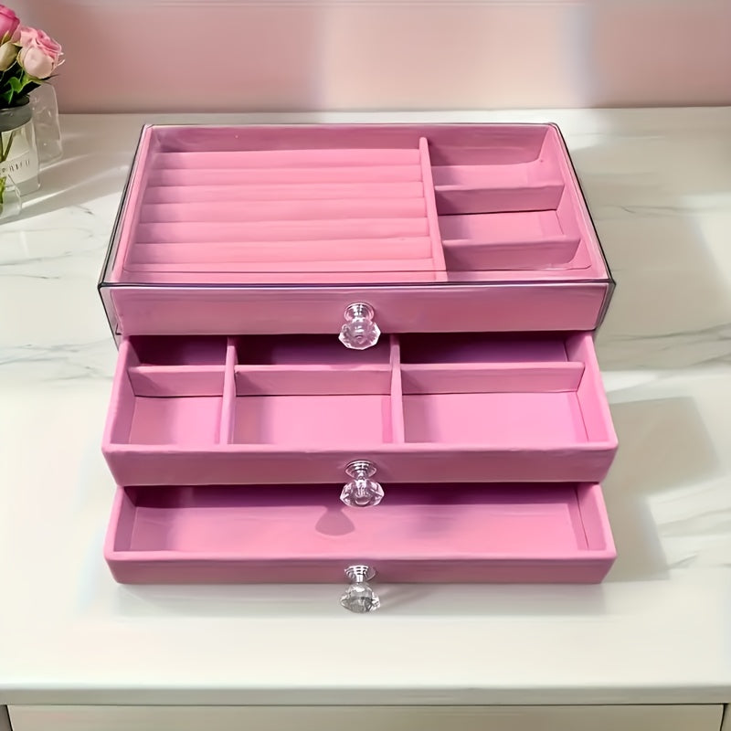 Modern Style Three-Layer Flocked Jewelry Storage Box, Fleece Lining with Acrylic Display Stand, 3 Drawers for Organizing Bracelets and Rings, Exuding Luxury Taste