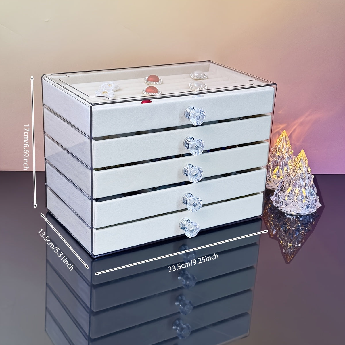 5-Tier Jewelry Organizer Box with Transparent Lids & Soft Fabric-Lined Compartments - Beige Contemporary Desktop Storage for Rings, Bracelets, Necklaces - Durable Plastic Multi-Use Display Case, Jewelry Organizer Storage, Polished Finish, Clear Lid