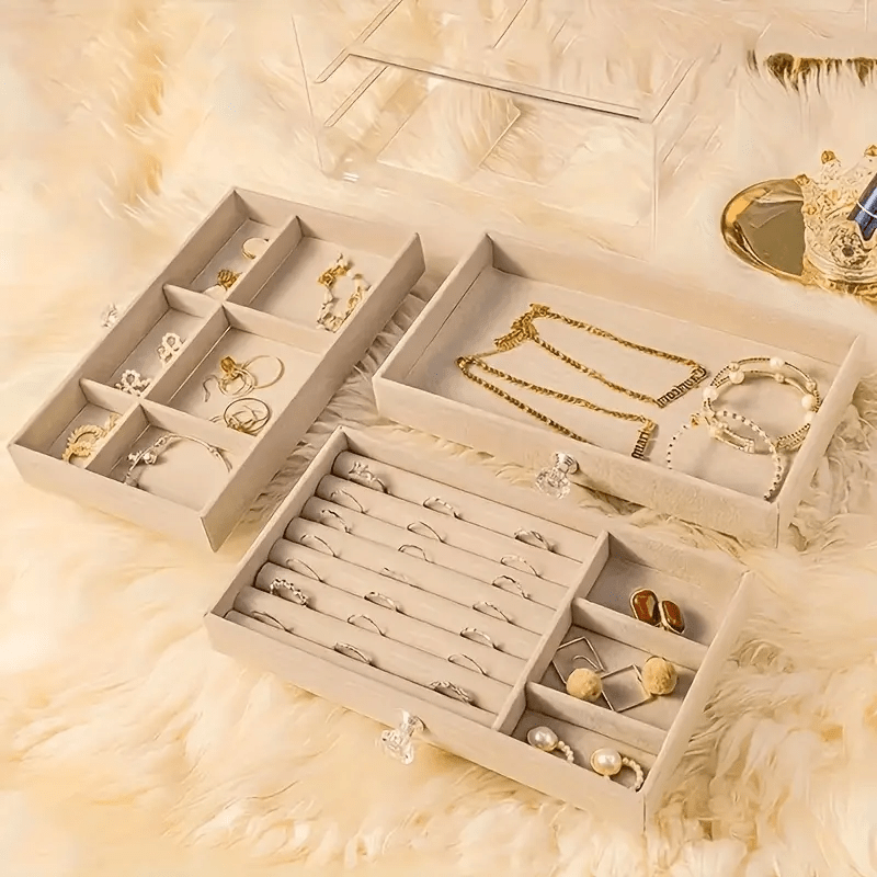 Modern Style Three-Layer Flocked Jewelry Storage Box, Fleece Lining with Acrylic Display Stand, 3 Drawers for Organizing Bracelets and Rings, Exuding Luxury Taste