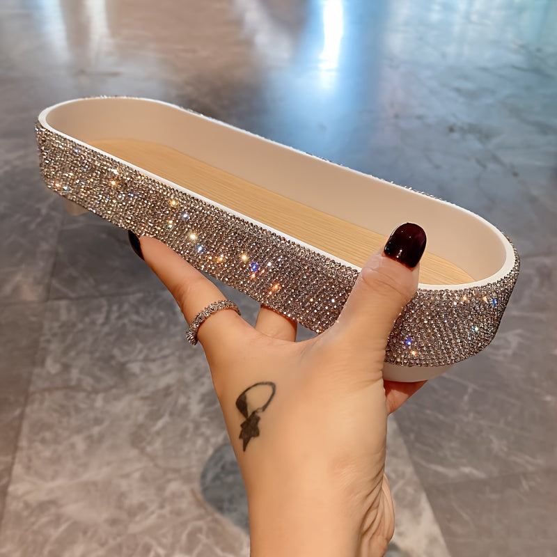 [Glam Jeweled Tray] Glam Style Jeweled Oval Tray | Tabletop Plastic Jewelry Box with Glittering Rhinestones, Fabric-Lined, Multipurpose Storage for Perfumes, Skincare, Accessories - No Electricity Needed, Jewelry Boxes