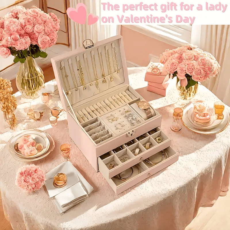 Luxury Square Jewelry Box, Two/Three-Layer Locking Structure for Security, Soft Lined to Protect Jewelry, Multi-Compartment Design for Necklaces and Bracelets, Showcasing a Lady'S Elegance