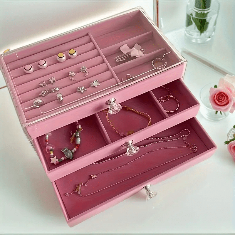 Modern Style Three-Layer Flocked Jewelry Storage Box, Fleece Lining with Acrylic Display Stand, 3 Drawers for Organizing Bracelets and Rings, Exuding Luxury Taste