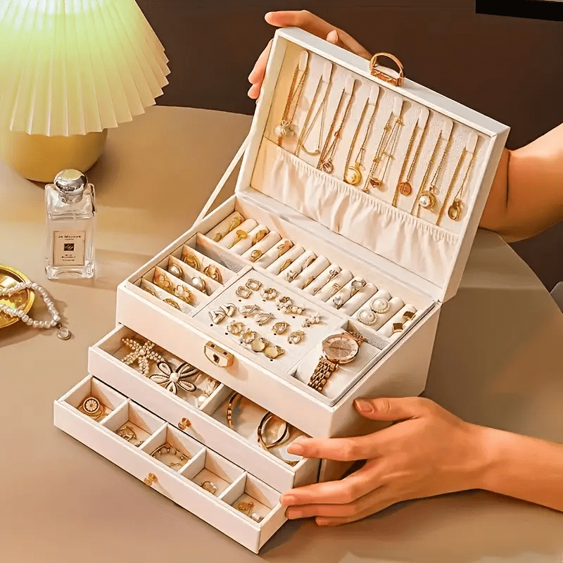 Luxury Square Jewelry Box, Two/Three-Layer Locking Structure for Security, Soft Lined to Protect Jewelry, Multi-Compartment Design for Necklaces and Bracelets, Showcasing a Lady'S Elegance