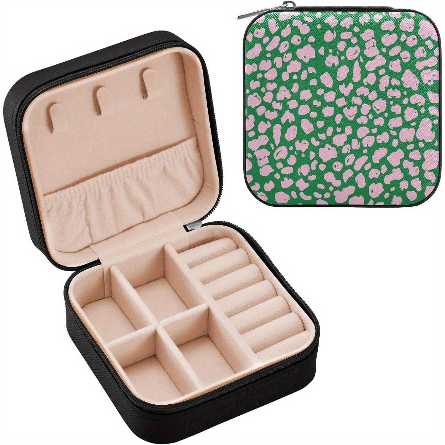 susiyo Pink Green Leopard Travel Mini Jewelry Box Portable PU Leather Organizer Case Storage Necklace Earrings Rings Bracelet Jewelry Rolls Clutch Bag for Women Ladies (Square, Black), Jewelry Boxes