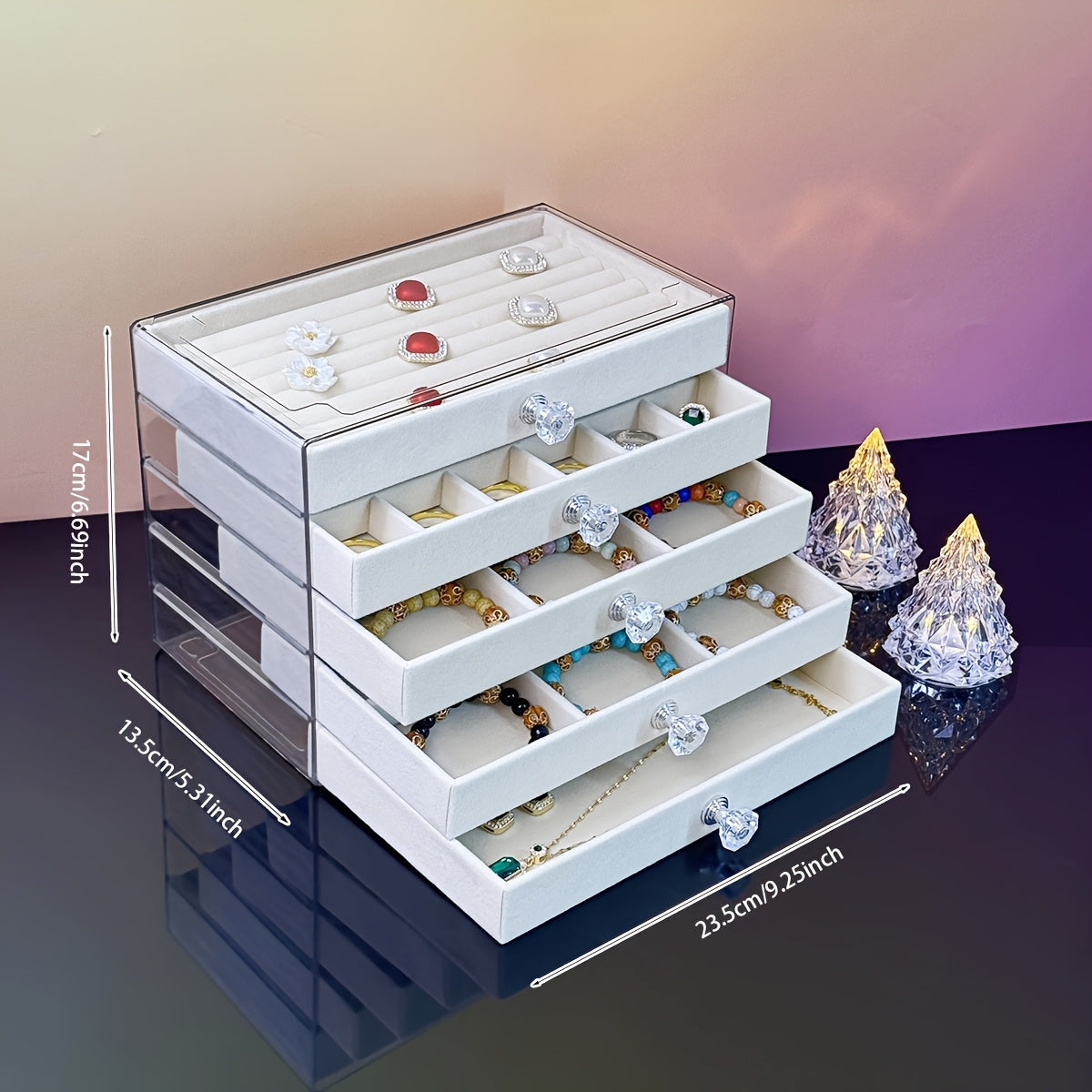 5-Tier Jewelry Organizer Box with Transparent Lids & Soft Fabric-Lined Compartments - Beige Contemporary Desktop Storage for Rings, Bracelets, Necklaces - Durable Plastic Multi-Use Display Case, Jewelry Organizer Storage, Polished Finish, Clear Lid