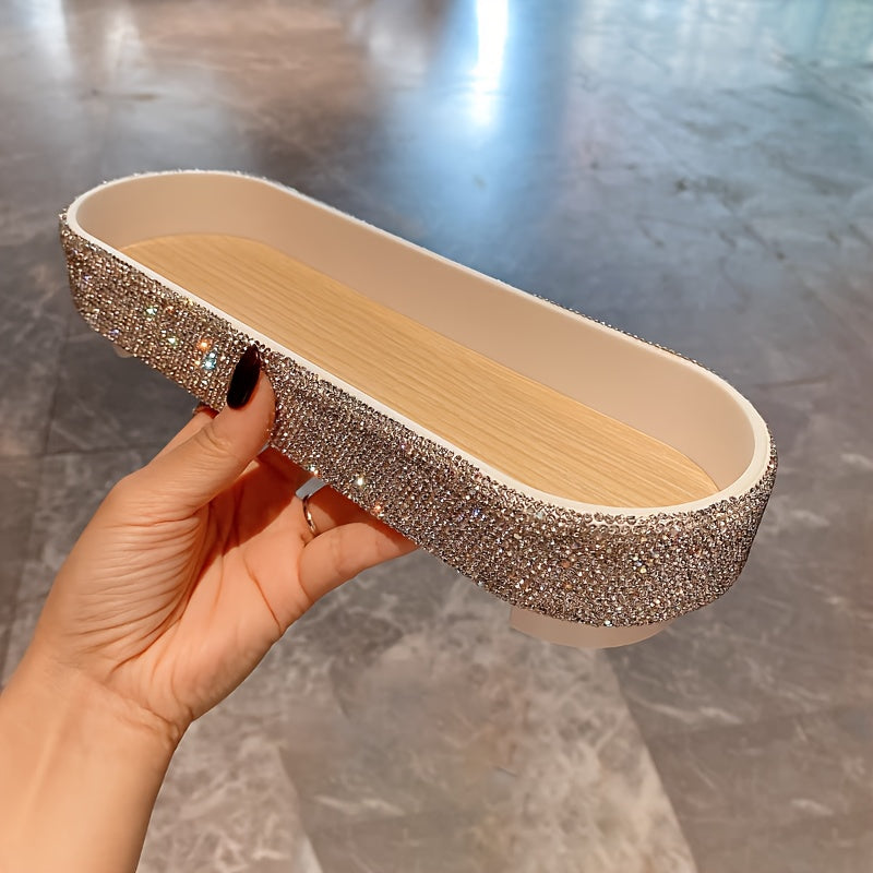 [Glam Jeweled Tray] Glam Style Jeweled Oval Tray | Tabletop Plastic Jewelry Box with Glittering Rhinestones, Fabric-Lined, Multipurpose Storage for Perfumes, Skincare, Accessories - No Electricity Needed, Jewelry Boxes