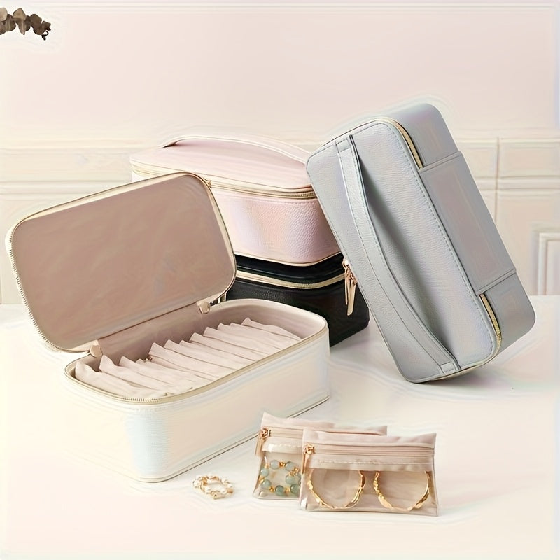New Trendy Portable Jewelry Box - Large Synthetic Faux Leather Organizer with Transparent Compartments for Bracelets, Earrings, Necklaces & More - Perfect Gift for Women, Home, Dorm, Travel - Ideal for Christmas, Halloween, Back-to, Birthdays, Labor Day,