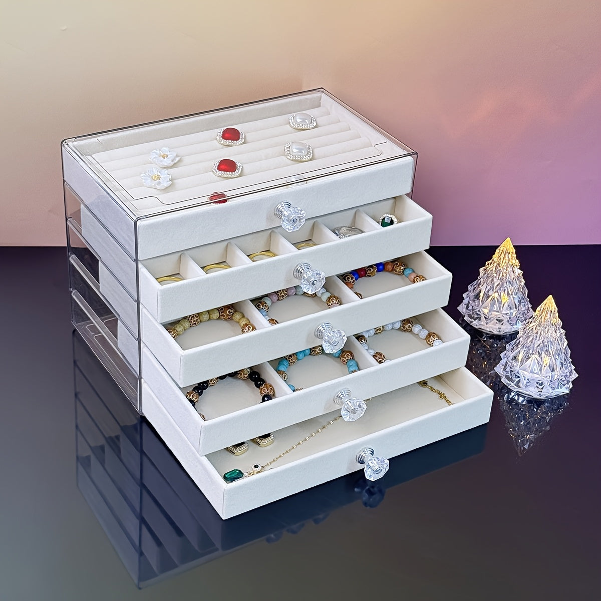 5-Tier Jewelry Organizer Box with Transparent Lids & Soft Fabric-Lined Compartments - Beige Contemporary Desktop Storage for Rings, Bracelets, Necklaces - Durable Plastic Multi-Use Display Case, Jewelry Organizer Storage, Polished Finish, Clear Lid