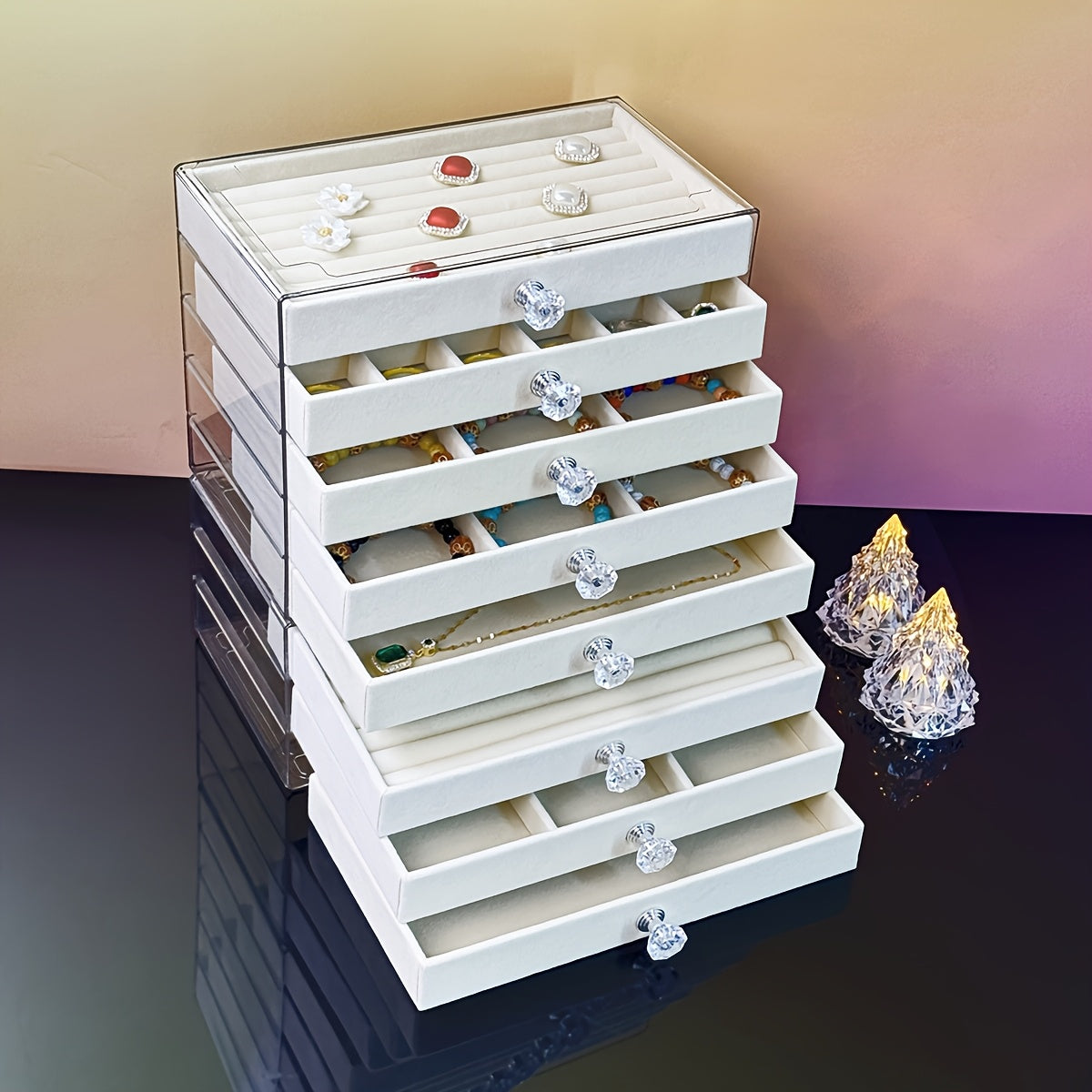 5-Tier Jewelry Organizer Box with Transparent Lids & Soft Fabric-Lined Compartments - Beige Contemporary Desktop Storage for Rings, Bracelets, Necklaces - Durable Plastic Multi-Use Display Case, Jewelry Organizer Storage, Polished Finish, Clear Lid