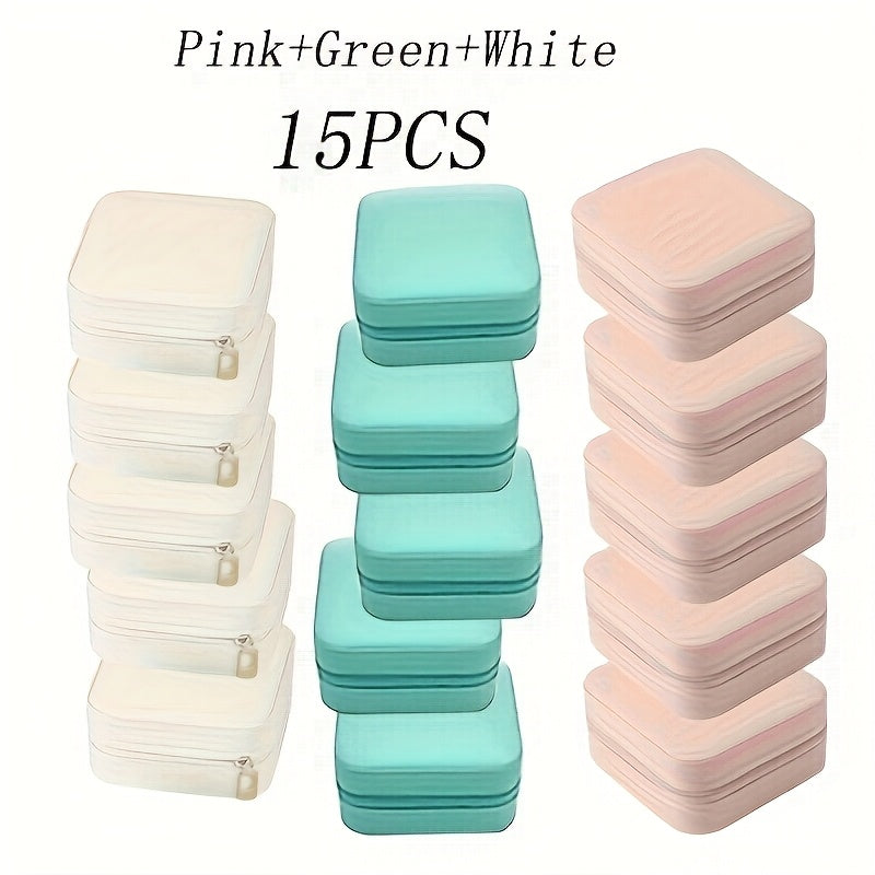 3 Fresh Colors 15pcs PU leather high-quality mini portable jewelry travel box, small jewelry storage box, large capacity suitable for rings, earrings, pendants, watches, necklaces, lipstick storage boxes, Jewelry Boxes