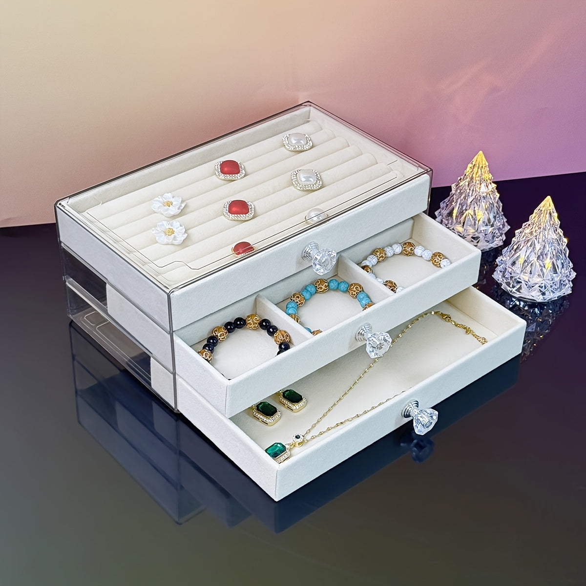 5-Tier Jewelry Organizer Box with Transparent Lids & Soft Fabric-Lined Compartments - Beige Contemporary Desktop Storage for Rings, Bracelets, Necklaces - Durable Plastic Multi-Use Display Case, Jewelry Organizer Storage, Polished Finish, Clear Lid