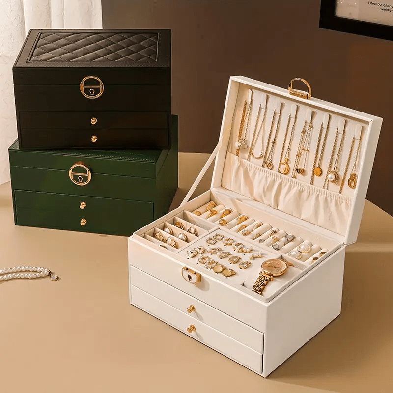Luxury Square Jewelry Box, Two/Three-Layer Locking Structure for Security, Soft Lined to Protect Jewelry, Multi-Compartment Design for Necklaces and Bracelets, Showcasing a Lady'S Elegance