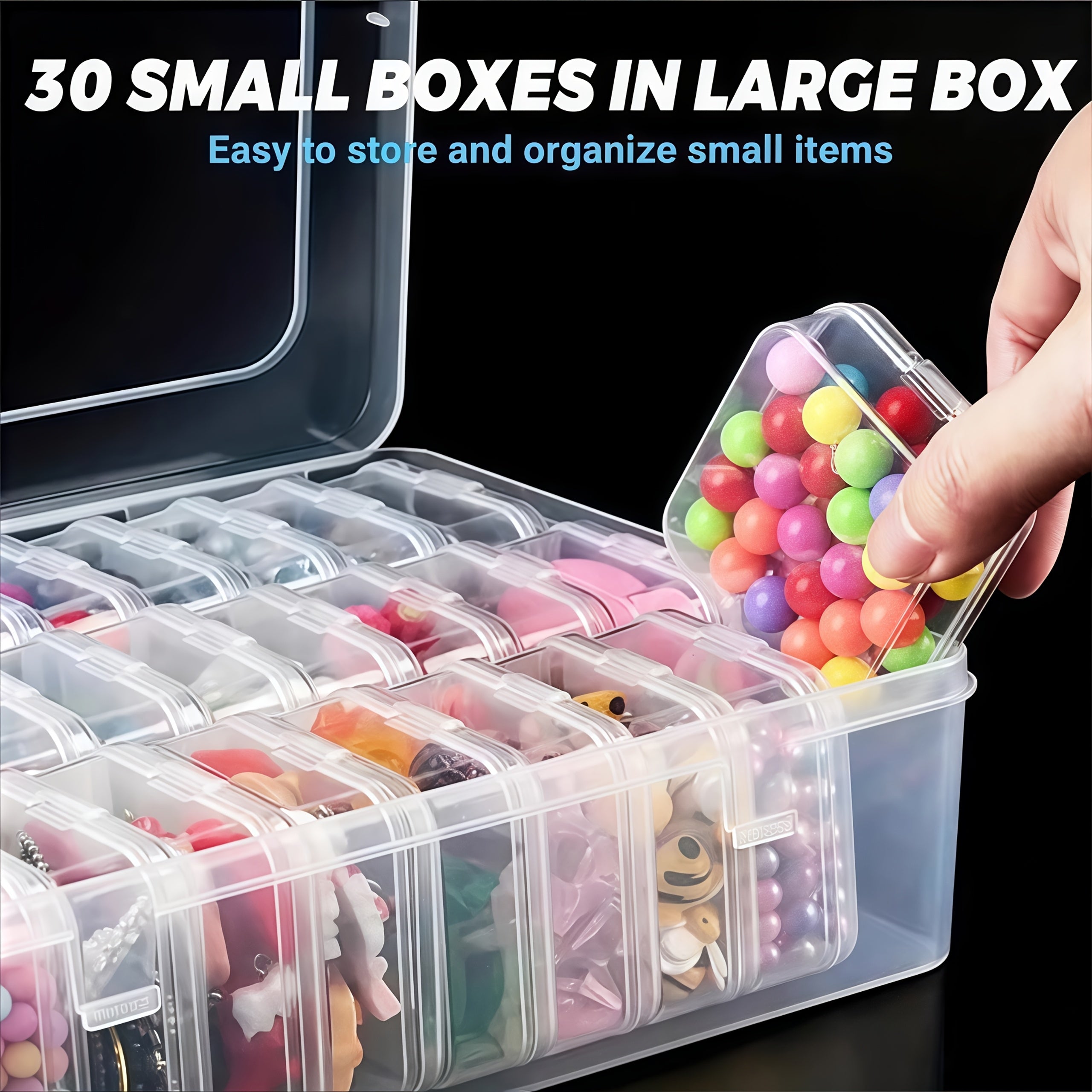 31pcs Set: 1 Large Box + 30 Small Transparent Plastic Storage Containers with Lids - Bead Organizer Case for DIY Jewelry Making, Nail Art & Bracelet Crafting Supplies – Perfect Valentine's Day Gift and Women’s/Girls’ Present
