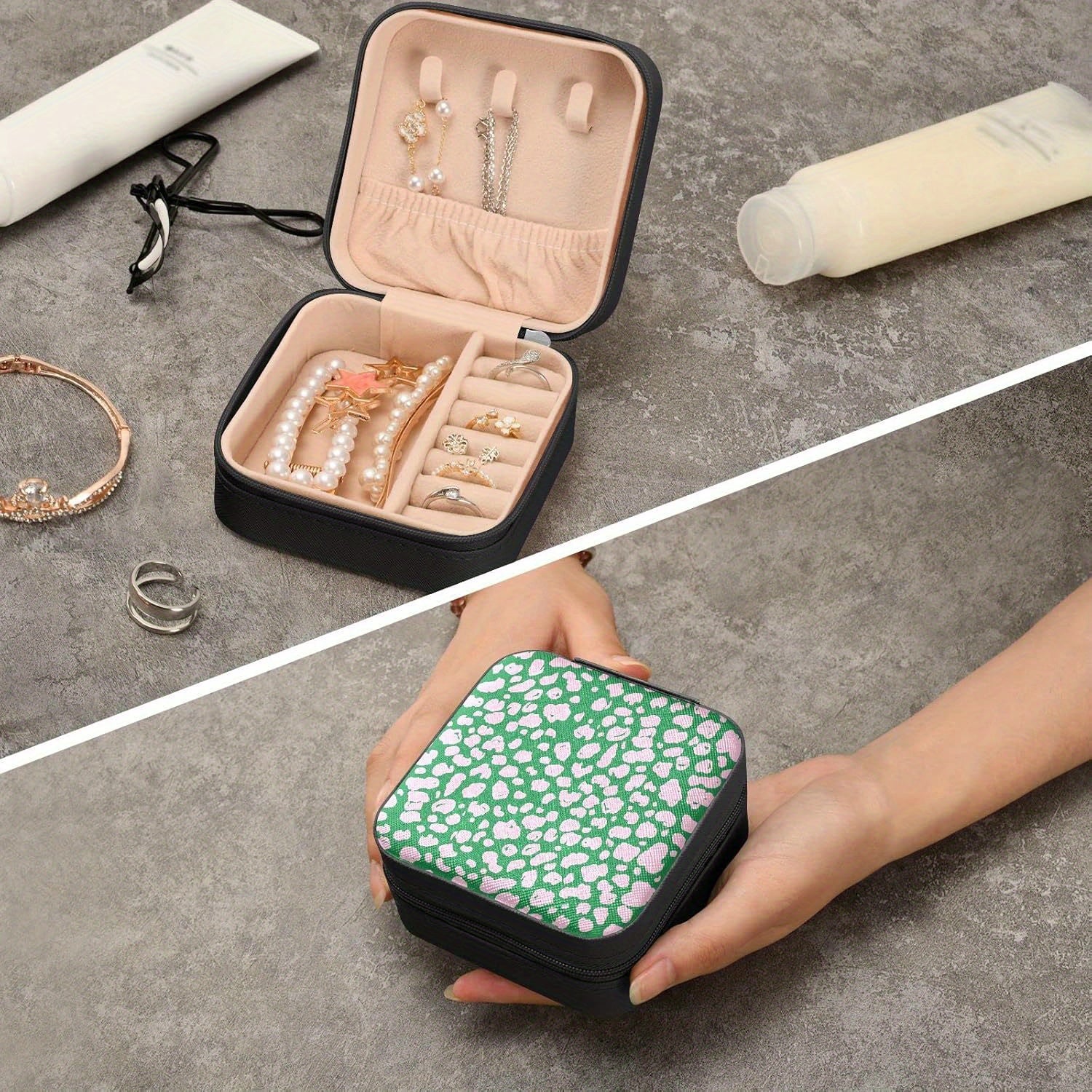 susiyo Pink Green Leopard Travel Mini Jewelry Box Portable PU Leather Organizer Case Storage Necklace Earrings Rings Bracelet Jewelry Rolls Clutch Bag for Women Ladies (Square, Black), Jewelry Boxes