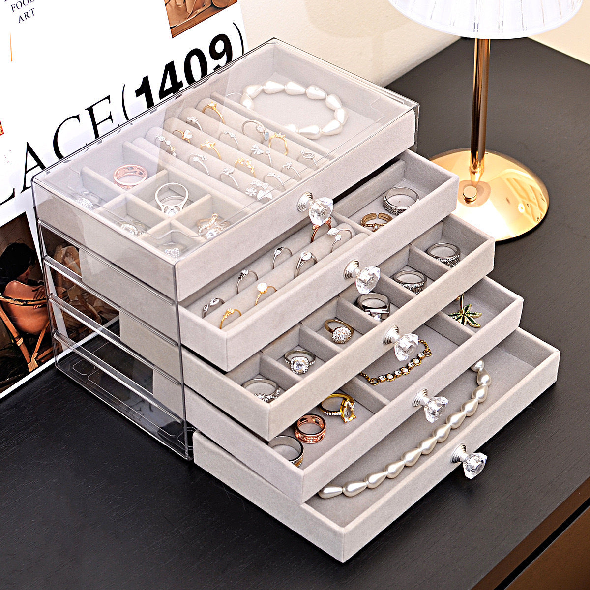 1/2pcs, Transparent Home Desktop 5-Tier Counter Drawer Jewelry Box Organizer Multi-Functional Divided Storage Box Stackable Drawers for Bracelets Rings Earrings Necklace Holder, Jewelry Case, Jewelry Boxes