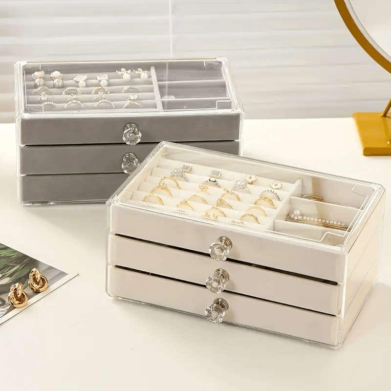 Modern Style Three-Layer Flocked Jewelry Storage Box, Fleece Lining with Acrylic Display Stand, 3 Drawers for Organizing Bracelets and Rings, Exuding Luxury Taste