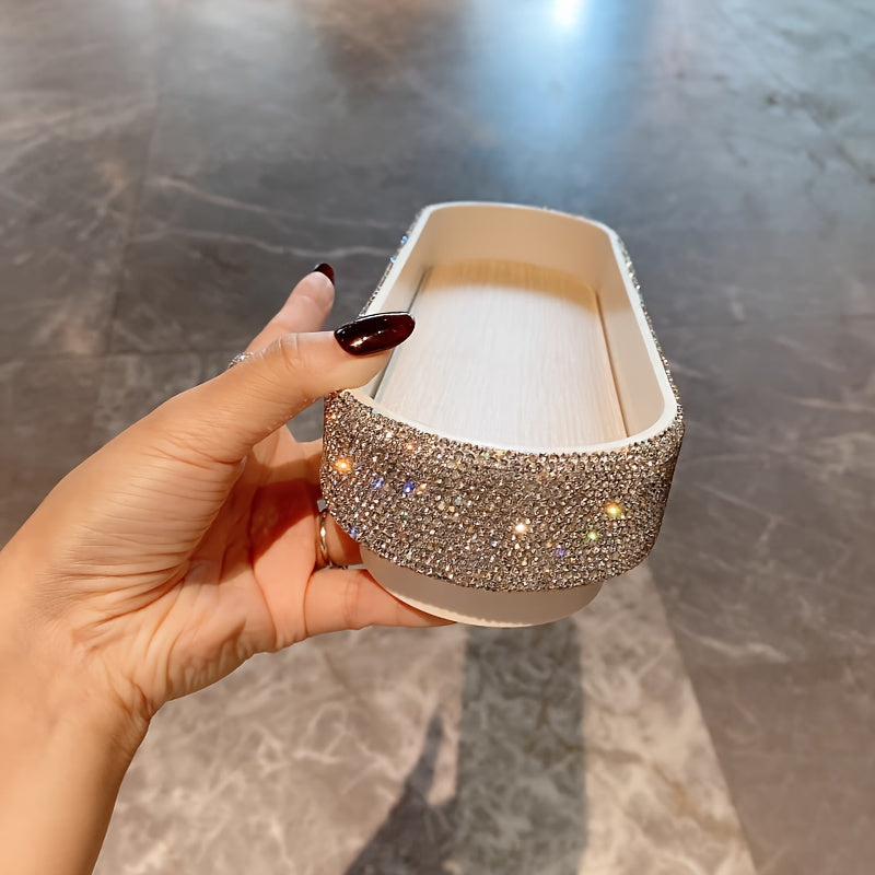 [Glam Jeweled Tray] Glam Style Jeweled Oval Tray | Tabletop Plastic Jewelry Box with Glittering Rhinestones, Fabric-Lined, Multipurpose Storage for Perfumes, Skincare, Accessories - No Electricity Needed, Jewelry Boxes