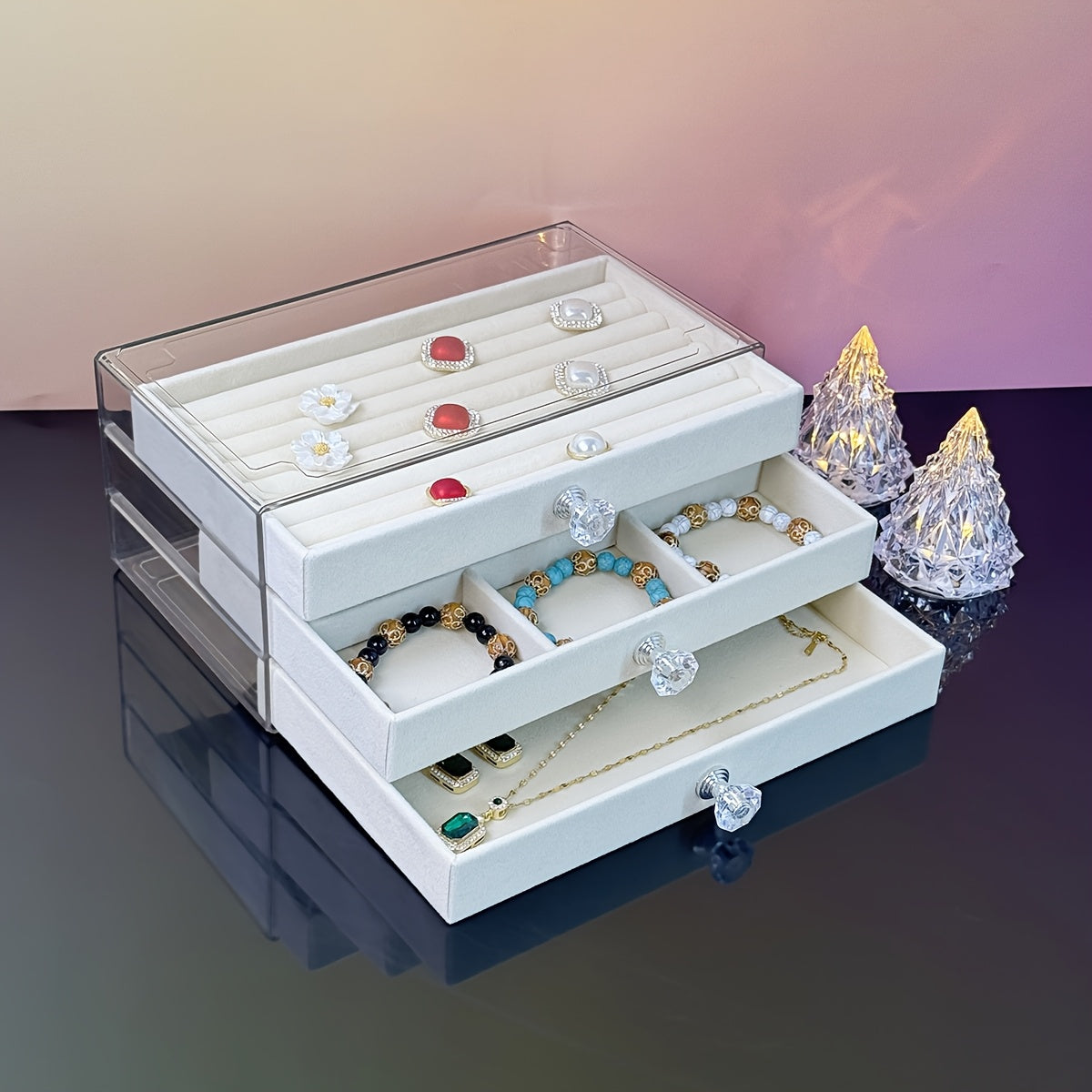 5-Tier Jewelry Organizer Box with Transparent Lids & Soft Fabric-Lined Compartments - Beige Contemporary Desktop Storage for Rings, Bracelets, Necklaces - Durable Plastic Multi-Use Display Case, Jewelry Organizer Storage, Polished Finish, Clear Lid