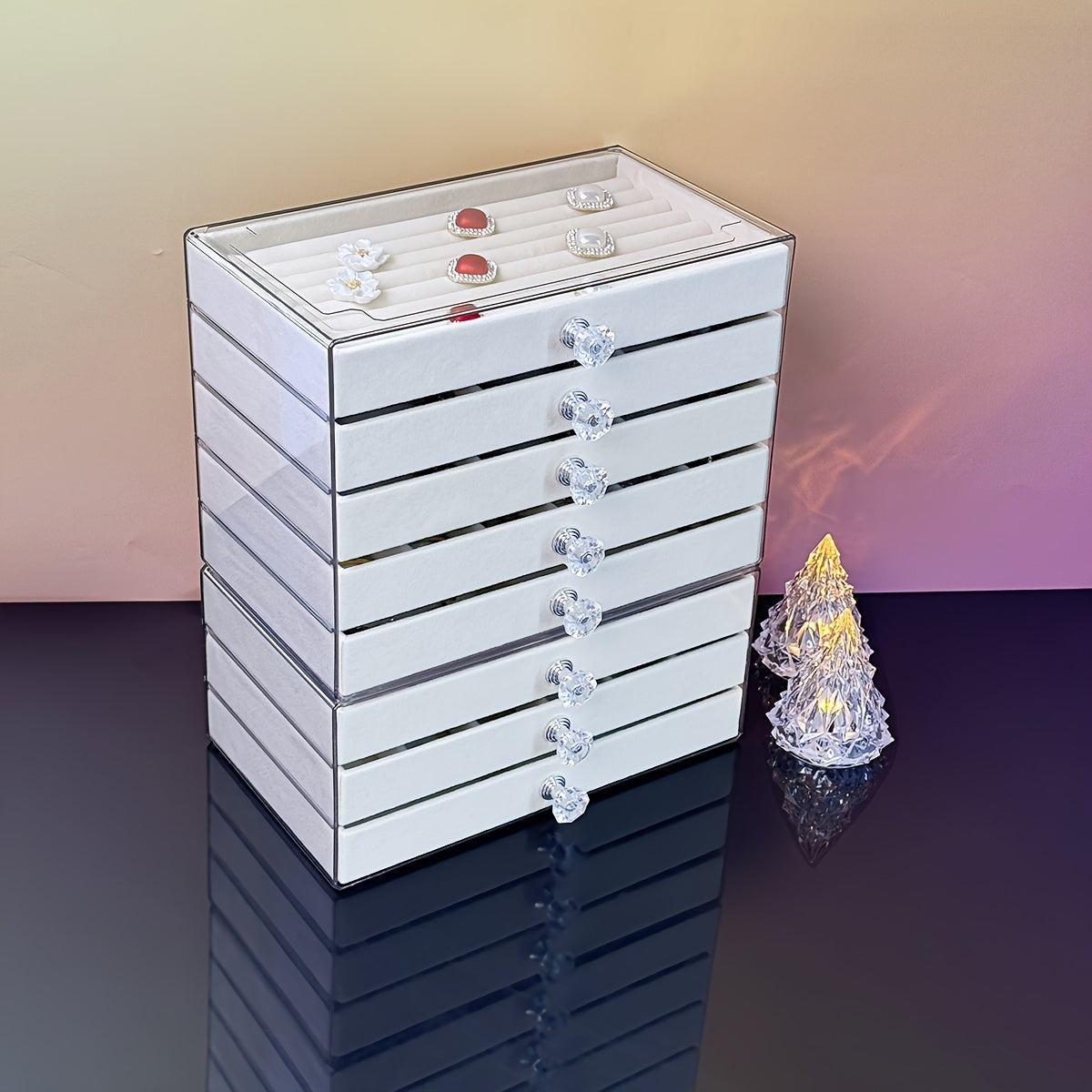 5-Tier Jewelry Organizer Box with Transparent Lids & Soft Fabric-Lined Compartments - Beige Contemporary Desktop Storage for Rings, Bracelets, Necklaces - Durable Plastic Multi-Use Display Case, Jewelry Organizer Storage, Polished Finish, Clear Lid