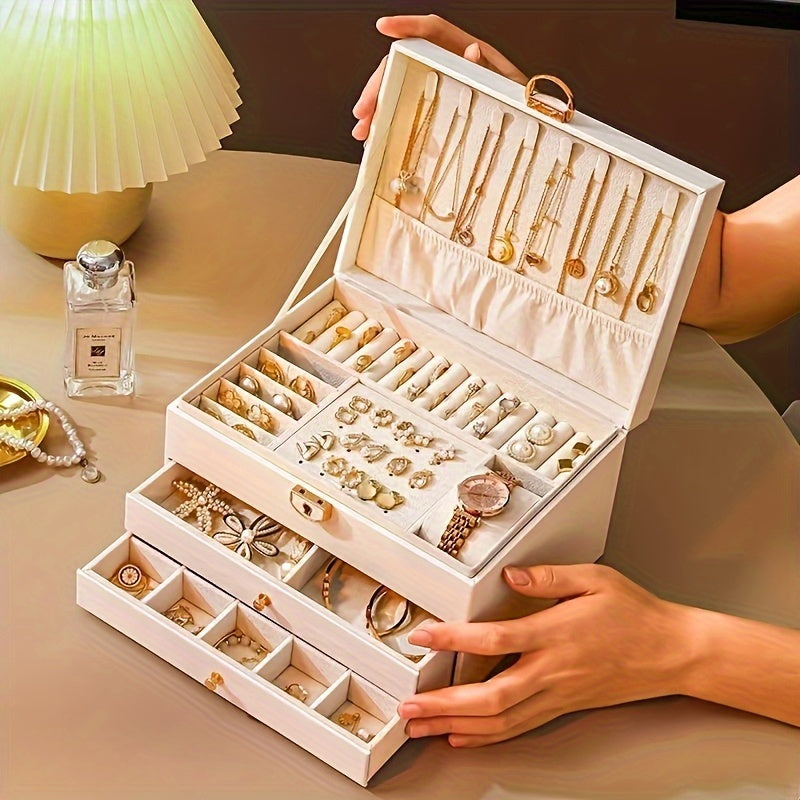 Luxury Square Jewelry Box, Two/Three-Layer Locking Structure for Security, Soft Lined to Protect Jewelry, Multi-Compartment Design for Necklaces and Bracelets, Showcasing a Lady'S Elegance