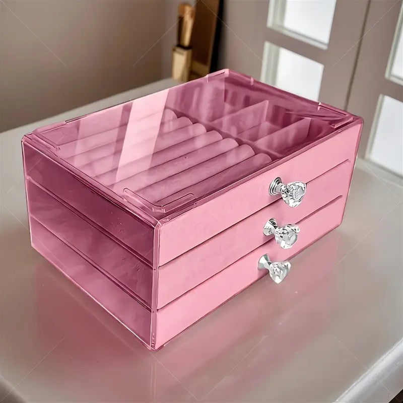 Modern Style Three-Layer Flocked Jewelry Storage Box, Fleece Lining with Acrylic Display Stand, 3 Drawers for Organizing Bracelets and Rings, Exuding Luxury Taste