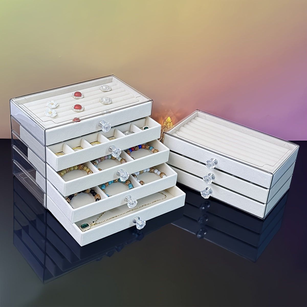 5-Tier Jewelry Organizer Box with Transparent Lids & Soft Fabric-Lined Compartments - Beige Contemporary Desktop Storage for Rings, Bracelets, Necklaces - Durable Plastic Multi-Use Display Case, Jewelry Organizer Storage, Polished Finish, Clear Lid