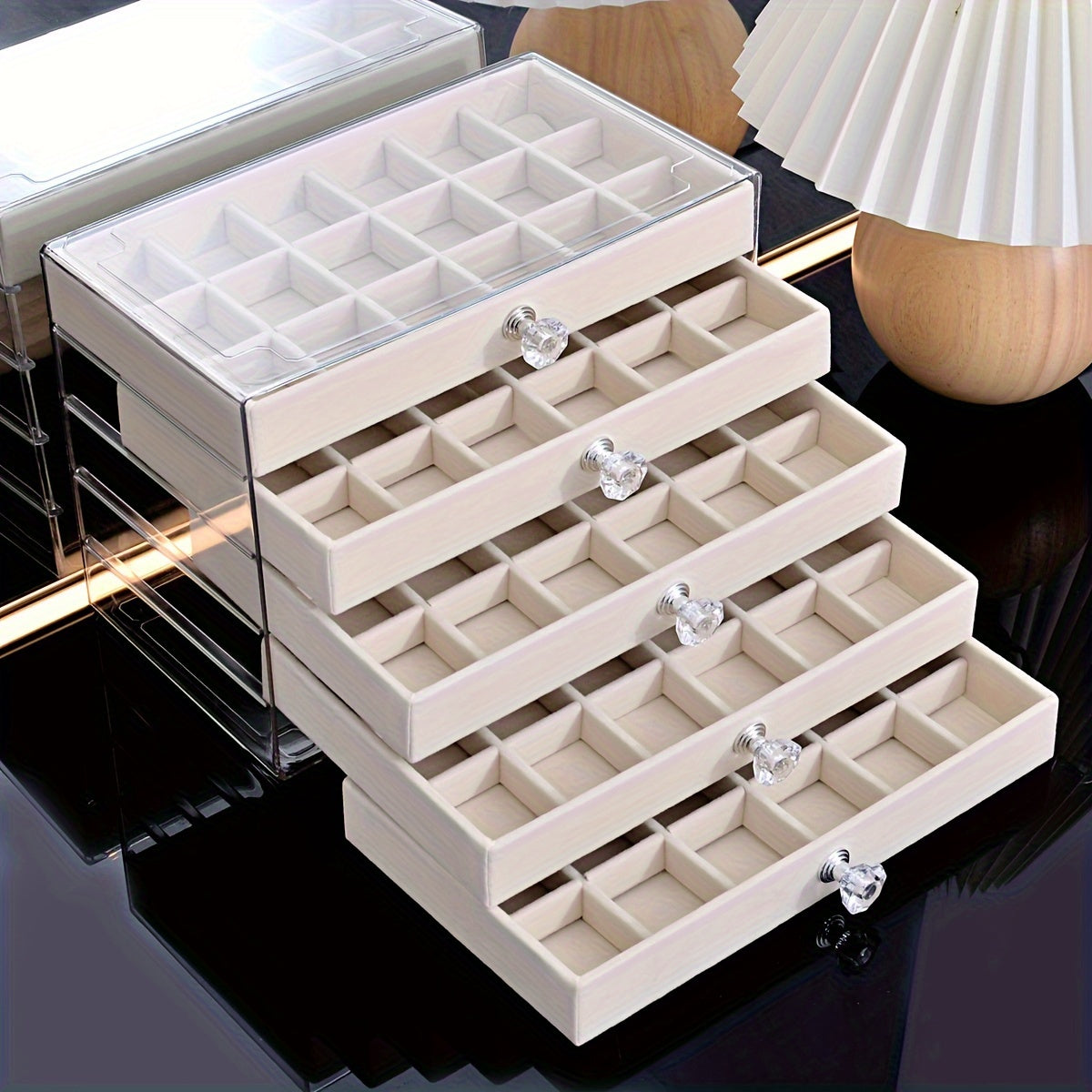 1/2pcs, Transparent Home Desktop 5-Tier Counter Drawer Jewelry Box Organizer Multi-Functional Divided Storage Box Stackable Drawers for Bracelets Rings Earrings Necklace Holder, Jewelry Case, Jewelry Boxes