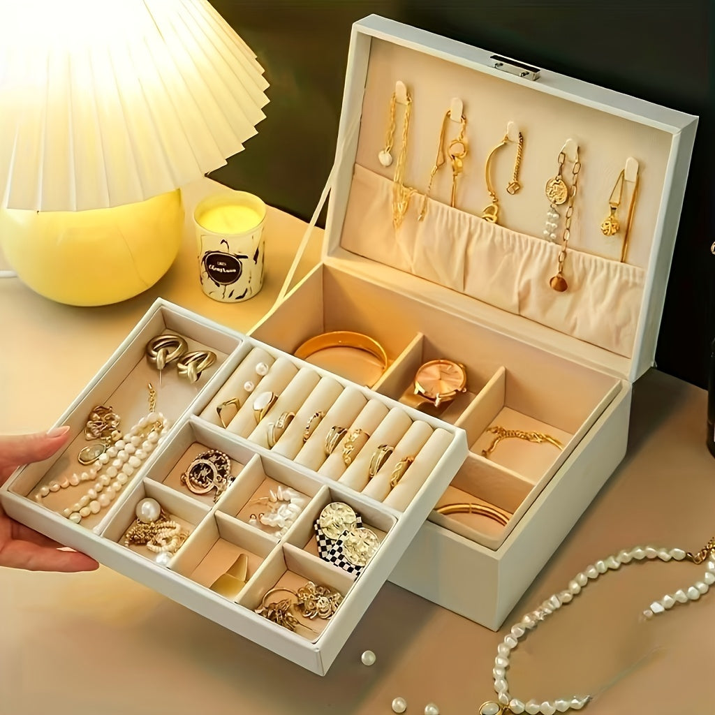 Luxury Square Jewelry Box, Two/Three-Layer Locking Structure for Security, Soft Lined to Protect Jewelry, Multi-Compartment Design for Necklaces and Bracelets, Showcasing a Lady'S Elegance