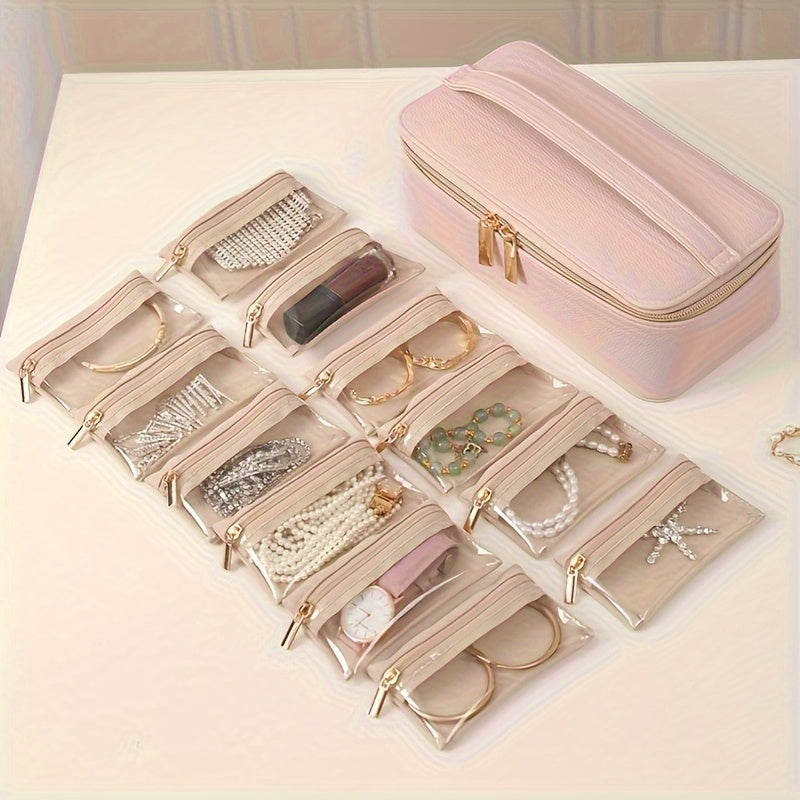 New Trendy Portable Jewelry Box - Large Synthetic Faux Leather Organizer with Transparent Compartments for Bracelets, Earrings, Necklaces & More - Perfect Gift for Women, Home, Dorm, Travel - Ideal for Christmas, Halloween, Back-to, Birthdays, Labor Day,