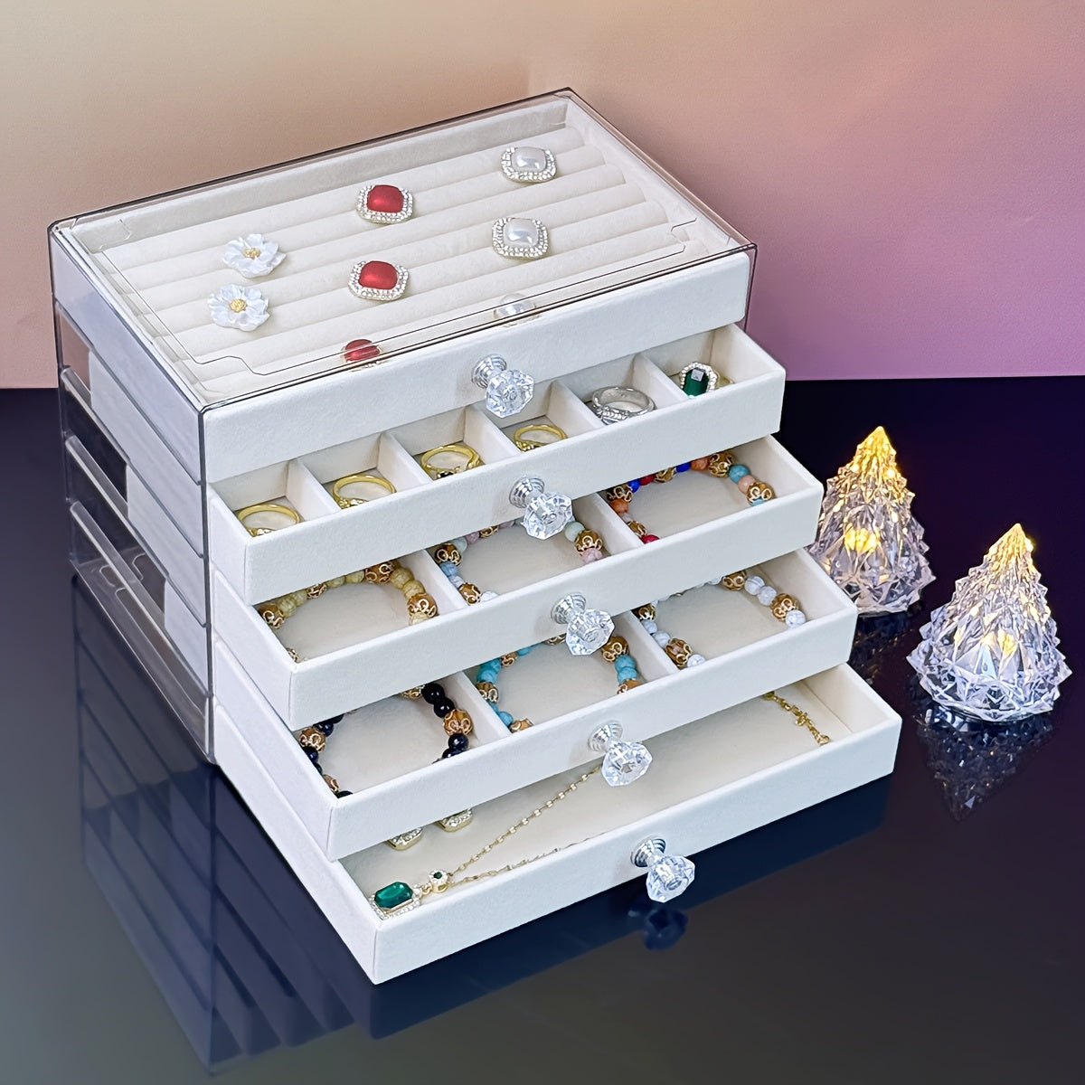 5-Tier Jewelry Organizer Box with Transparent Lids & Soft Fabric-Lined Compartments - Beige Contemporary Desktop Storage for Rings, Bracelets, Necklaces - Durable Plastic Multi-Use Display Case, Jewelry Organizer Storage, Polished Finish, Clear Lid