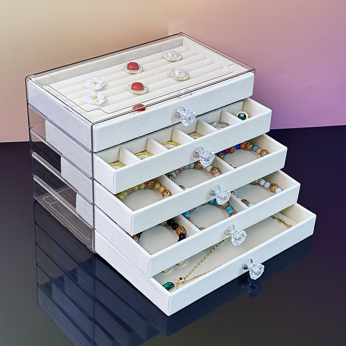 5-Tier Jewelry Organizer Box with Transparent Lids & Soft Fabric-Lined Compartments - Beige Contemporary Desktop Storage for Rings, Bracelets, Necklaces - Durable Plastic Multi-Use Display Case, Jewelry Organizer Storage, Polished Finish, Clear Lid