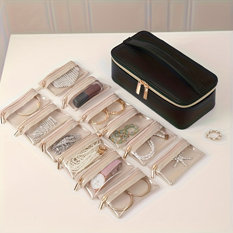 New Trendy Portable Jewelry Box - Large Synthetic Faux Leather Organizer with Transparent Compartments for Bracelets, Earrings, Necklaces & More - Perfect Gift for Women, Home, Dorm, Travel - Ideal for Christmas, Halloween, Back-to, Birthdays, Labor Day,