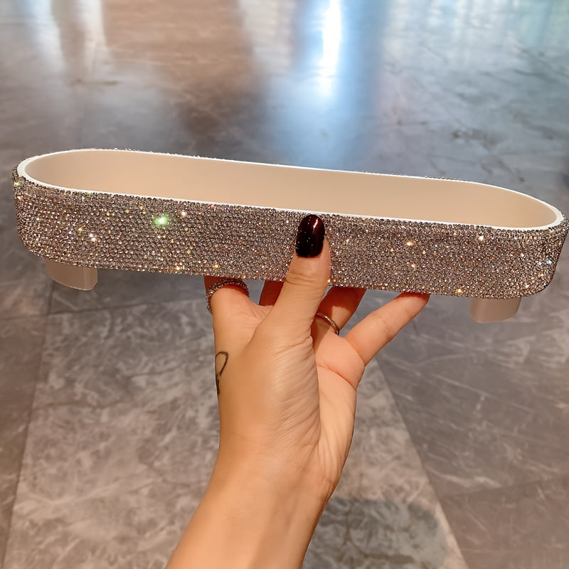 [Glam Jeweled Tray] Glam Style Jeweled Oval Tray | Tabletop Plastic Jewelry Box with Glittering Rhinestones, Fabric-Lined, Multipurpose Storage for Perfumes, Skincare, Accessories - No Electricity Needed, Jewelry Boxes