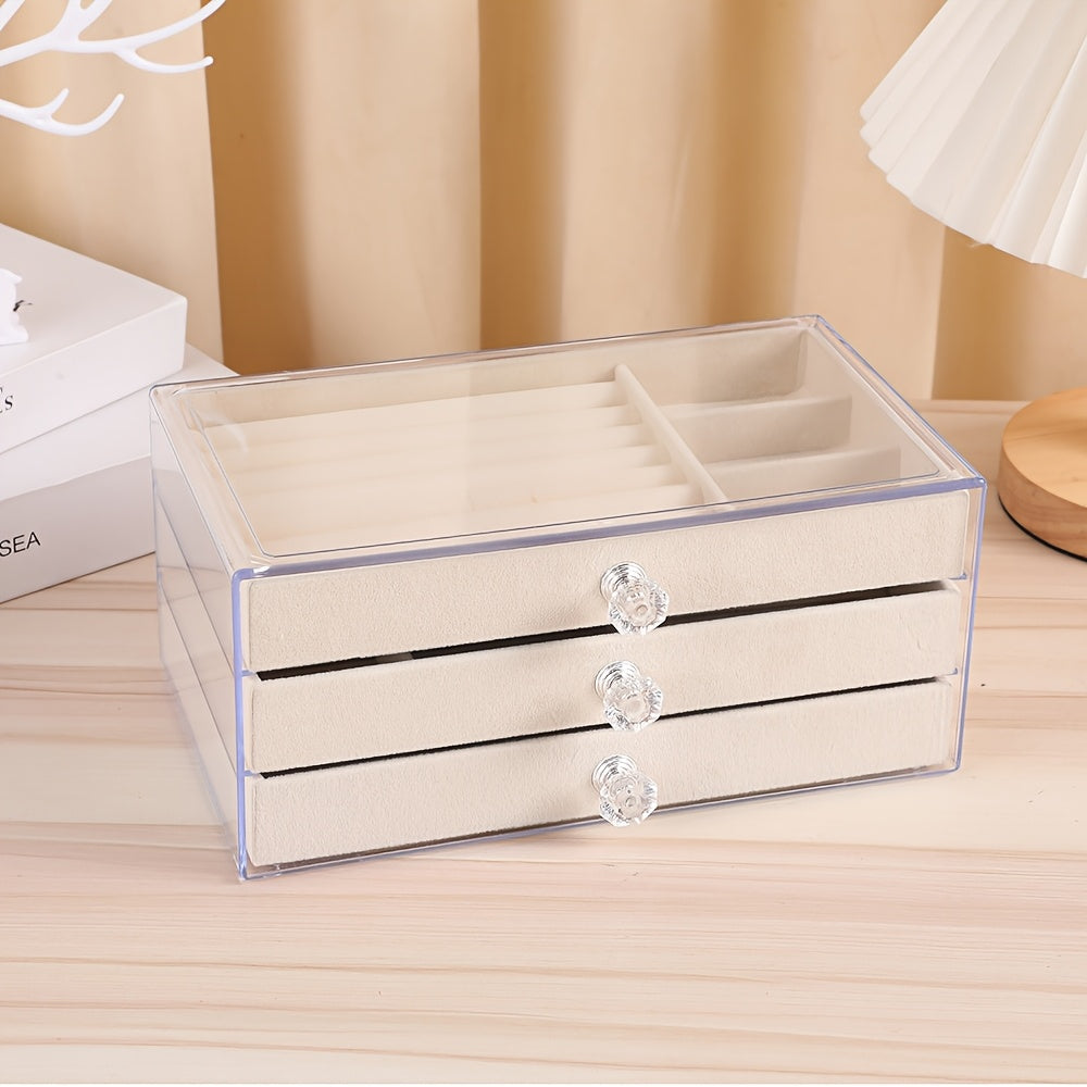 Modern Style Three-Layer Flocked Jewelry Storage Box, Fleece Lining with Acrylic Display Stand, 3 Drawers for Organizing Bracelets and Rings, Exuding Luxury Taste