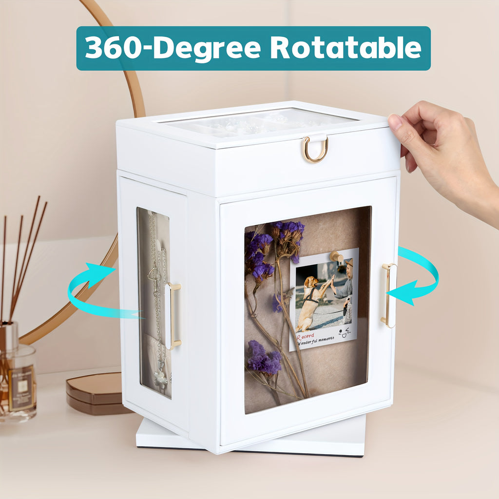 360° Rotating Jewelry Organizer Box - Black Synthetic Leather with Pinboard, Detachable Tray & Drawers | Push Pins for Display, Compact Storage for Necklaces, Bracelets, Collectibles | Gift for Weddings, DIY Crafts, Collectors, Jewelry Organizer Storage,
