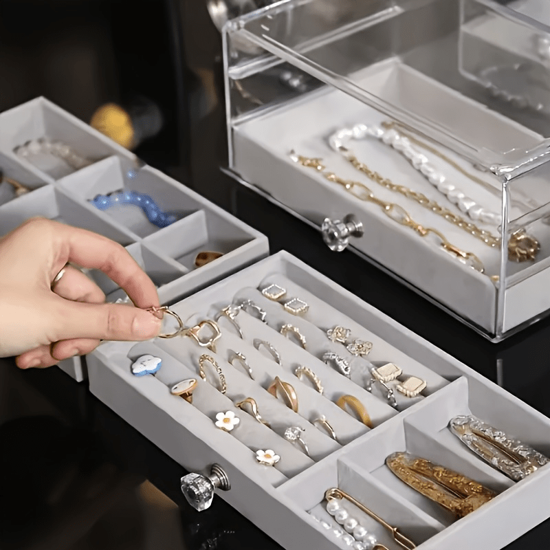 Modern Style Three-Layer Flocked Jewelry Storage Box, Fleece Lining with Acrylic Display Stand, 3 Drawers for Organizing Bracelets and Rings, Exuding Luxury Taste