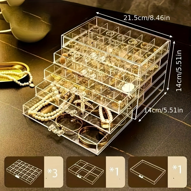79-Compartment Multi-Layer Jewelry Organizer Box with Transparent Drawers – Modern Acrylic Storage for Earrings, Rings, Necklaces, and Accessories – Space-Saving Desktop Organizer for Home or Office, Jewelry Box, Jewelry Boxes