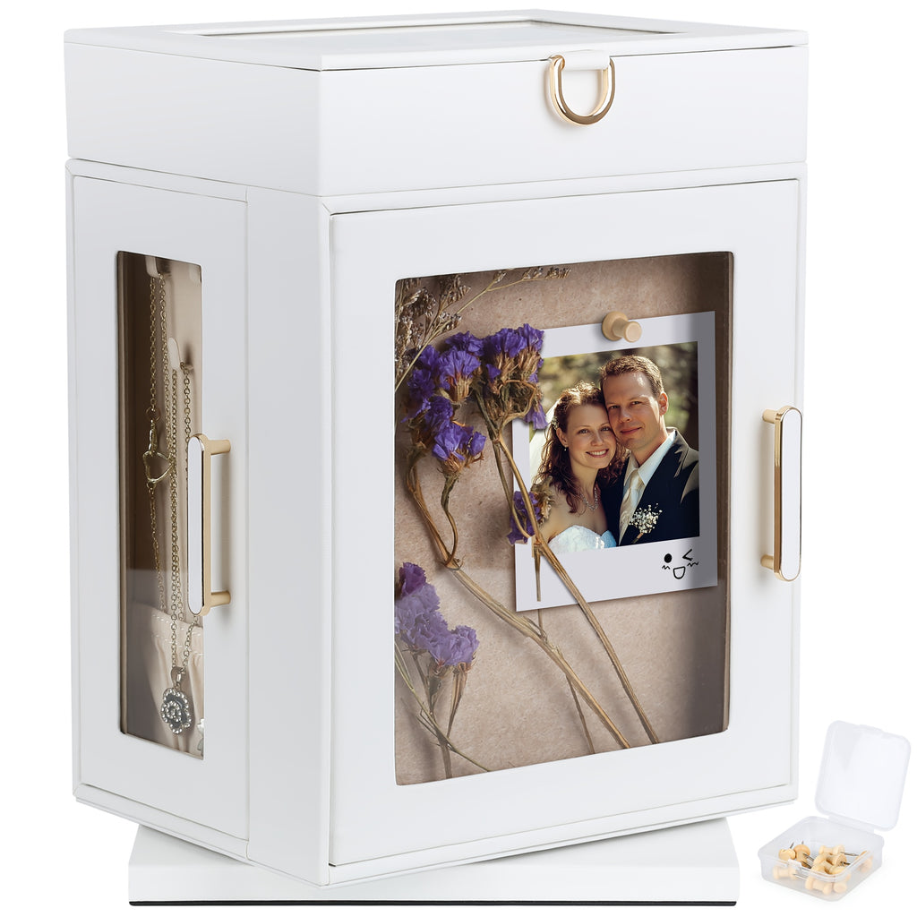 360° Rotating Jewelry Organizer Box - Black Synthetic Leather with Pinboard, Detachable Tray & Drawers | Push Pins for Display, Compact Storage for Necklaces, Bracelets, Collectibles | Gift for Weddings, DIY Crafts, Collectors, Jewelry Organizer Storage,
